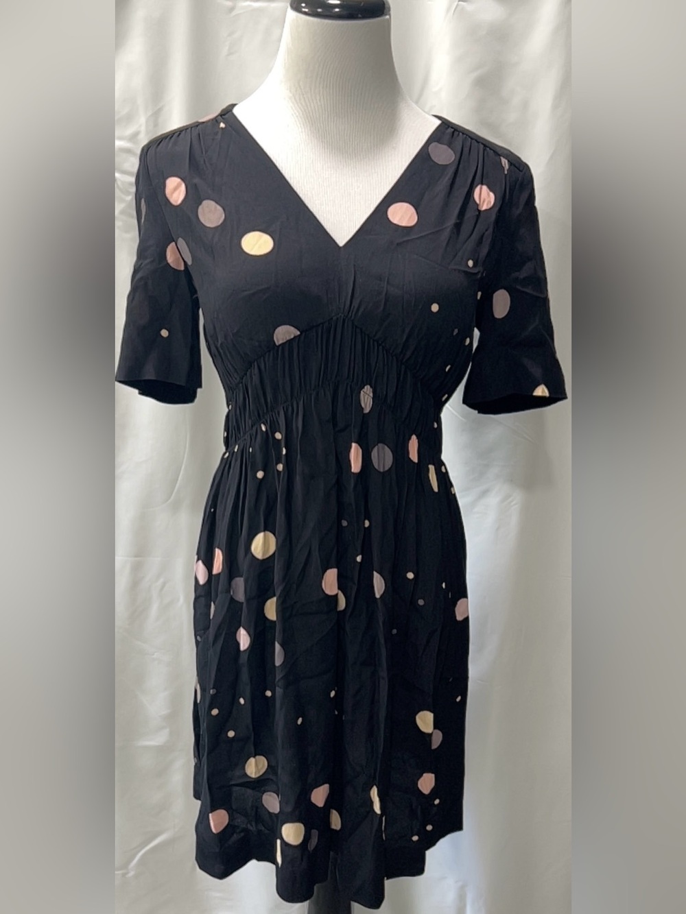HD in Paris Anthropologie Black Polka Dot  Smocked Waist Short Sleeve Size 4